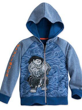 Disney Boys Blue Zip Hoodie with Maui Graphic and Orange Sleeve Lettering